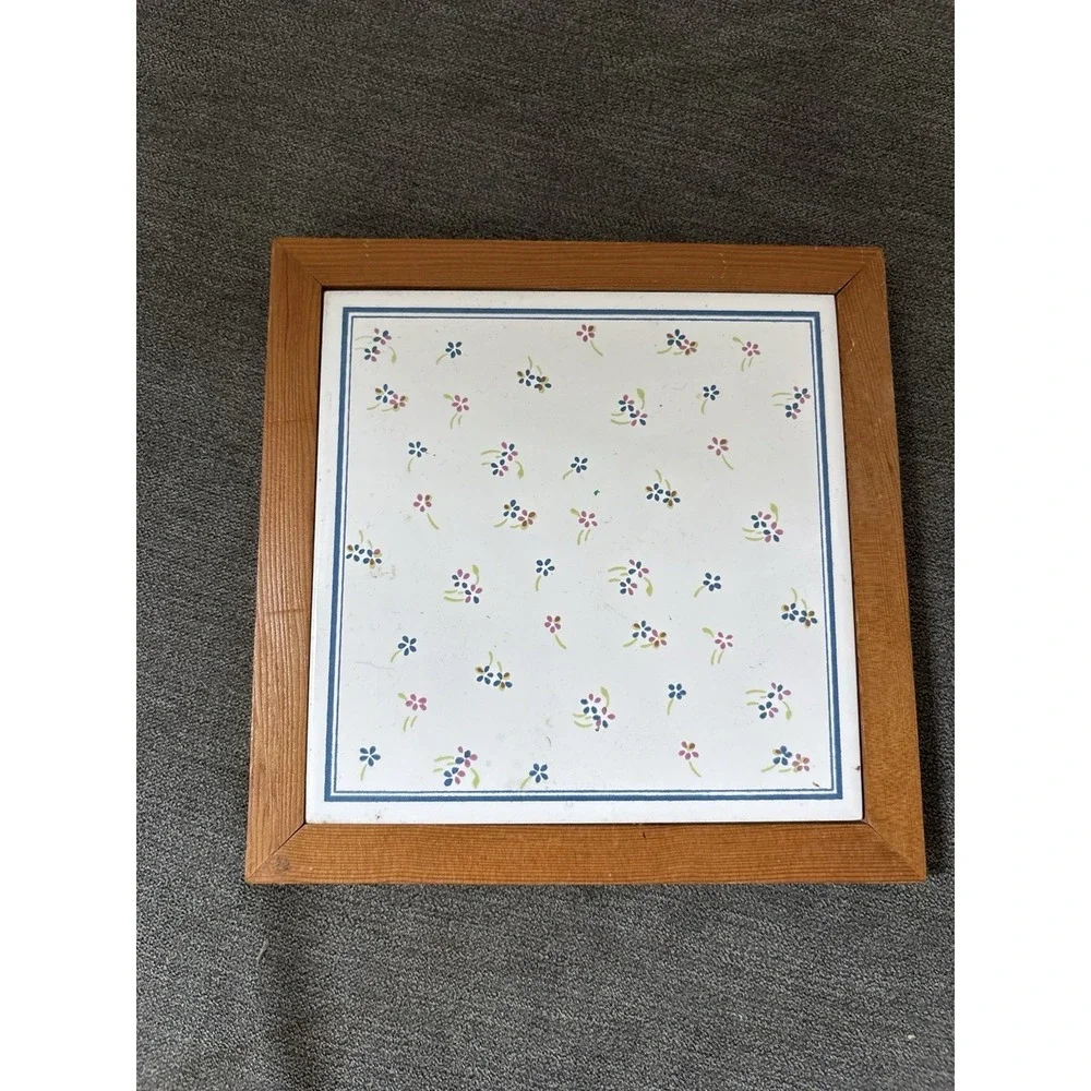 Trivet Ceramic Tile Wood Frame Country Core Whimsical Flowers